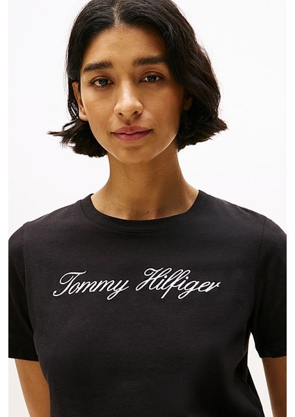 Kadın Th Script Logo Regular T-Shirt - Siyah