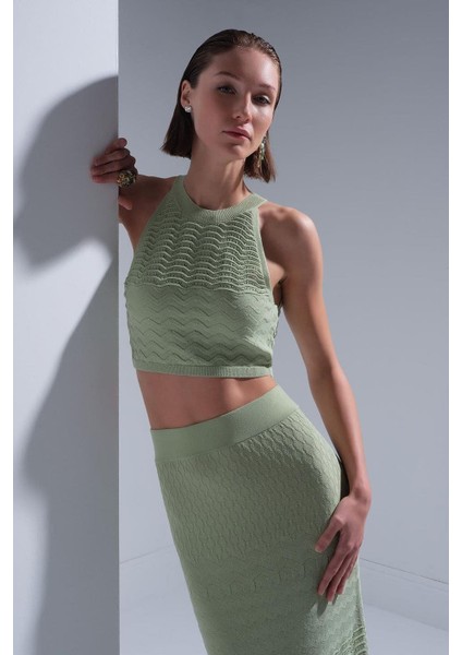 Kadın Halter Yaka Crop - Yeşil