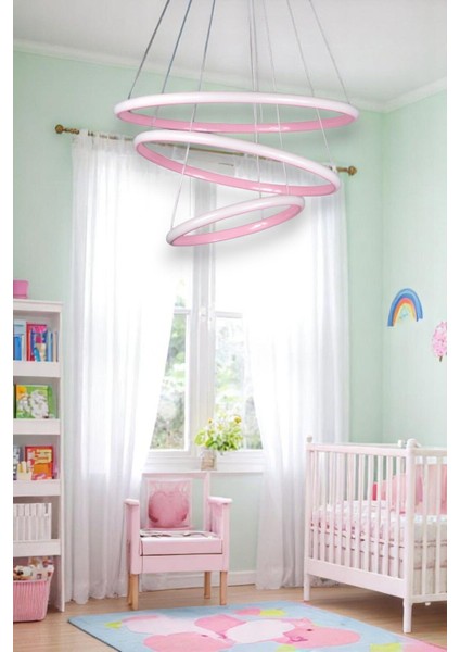 Rings Modern Tasarım Pembe Renk - Yatak Odası - Salon -Çocuk Odası - Mutfak Beyaz LED 3 Lü Avize