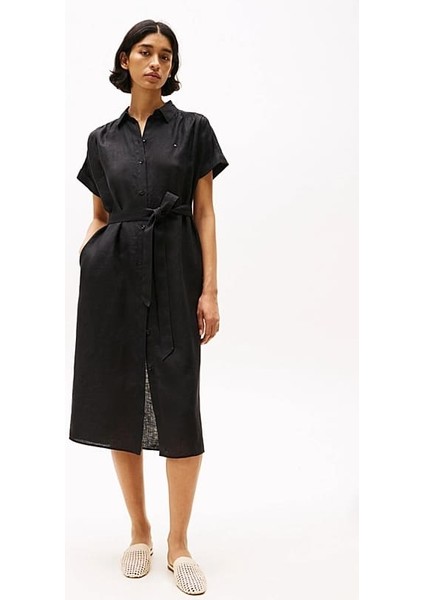 Kadın Ess Linen Midi Elbise - Siyah