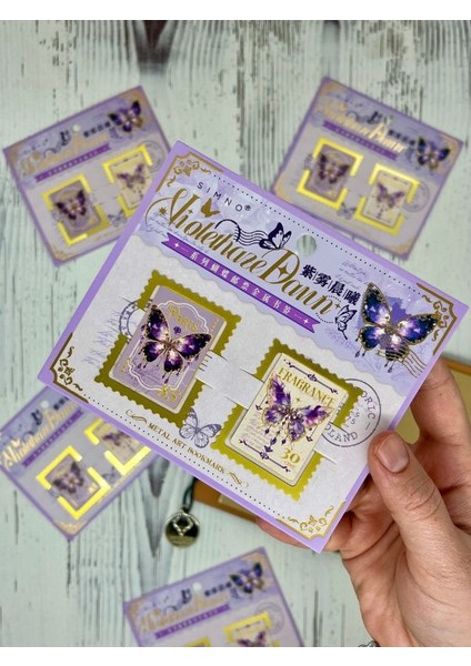 Zarif Kelebekler Mor Renk 2’li Metal Set Kitap Ayracı/ Ataş/yer Imi