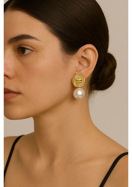 Kadın Paslanmaz Altın Renk Inci Detaylı Çelik Küpe (Çift) - Sarı