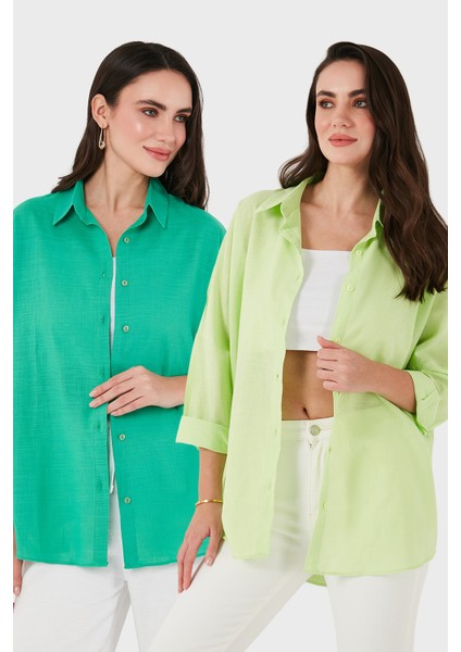 Pamuk Karışımlı Oversize Fit Uzun Kollu 2'li Paket Gömlek Bayan Gömlek 6781001S2