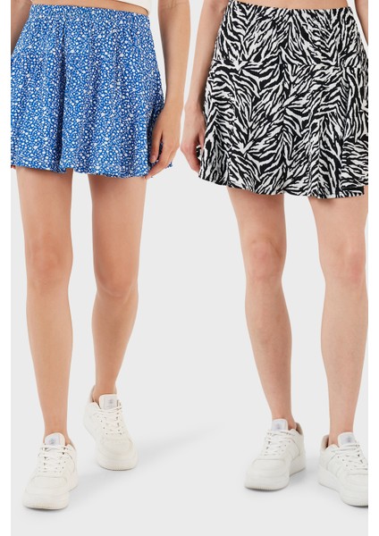 Desenli Beli Lastikli Slim Fit Mini 2'li Paket Şort Etek Bayan Şort Etek 5864024S2