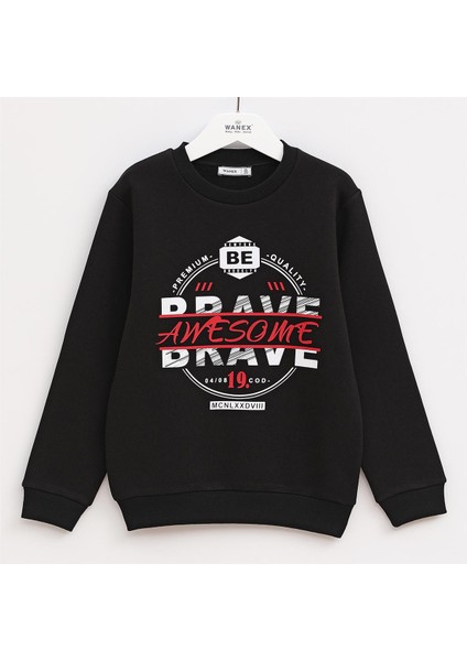 Erkek Çocuk Şardonlu Uzun Kol Kalın Bisiklet Yaka Tişört - 15812 - Siyah