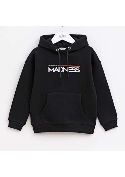 Erkek Çocuk Şardonlu Uzun Kol Kalın Kapşonlu Tişört - 15898 - Siyah