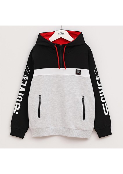 Erkek Çocuk Şardonsuz Uzun Kol Ince Kapşonlu Tişört - 15975 - Siyah Melanj