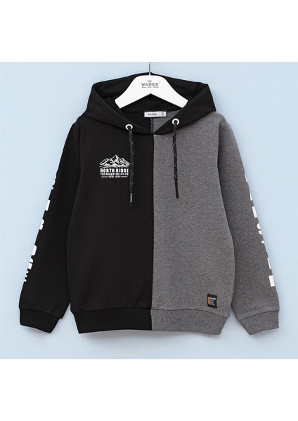 Erkek Çocuk Şardonsuz Uzun Kol Ince Kapşonlu Tişört - 15935 - Siyah