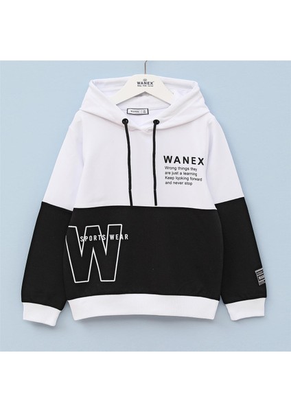 Erkek Çocuk Şardonsuz Uzun Kol Ince Kapşonlu Tişört - 15857 - Beyaz - Siyah