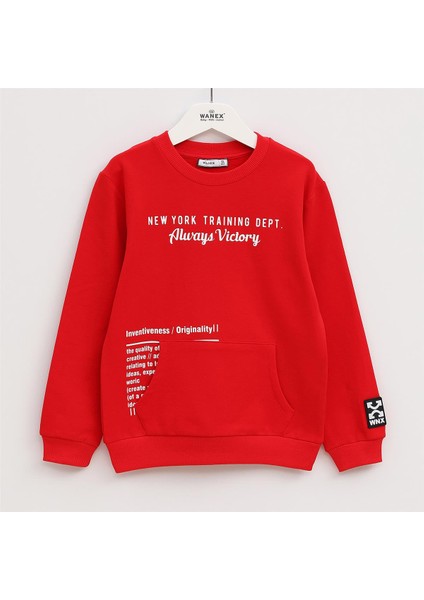 Erkek Çocuk Şardonlu Uzun Kol Kalın Bisiklet Yaka Tişört - 16015 - Kırmızı