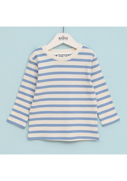 Erkek Çocuk Uzun Kol Ince Bisiklet Yaka Tişört - 16575 - Vanilya - Mavi