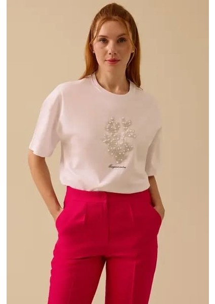 Kadın Taş Detaylı Baskılı T-Shirt - Beyaz