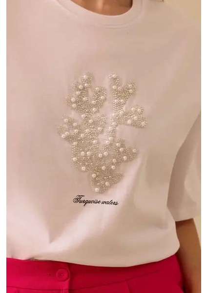 Kadın Taş Detaylı Baskılı T-Shirt - Beyaz