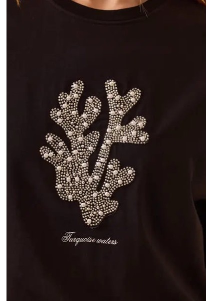 Kadın Taş Detaylı Baskılı T-Shirt - Siyah