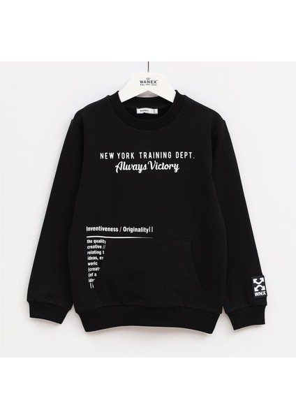 Erkek Çocuk Şardonlu Uzun Kol Kalın Bisiklet Yaka Tişört - 16015 - Siyah