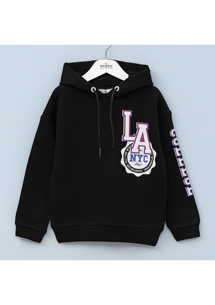 Erkek Çocuk Şardonsuz Uzun Kol Ince Kapşonlu Tişört - 16150 - Siyah