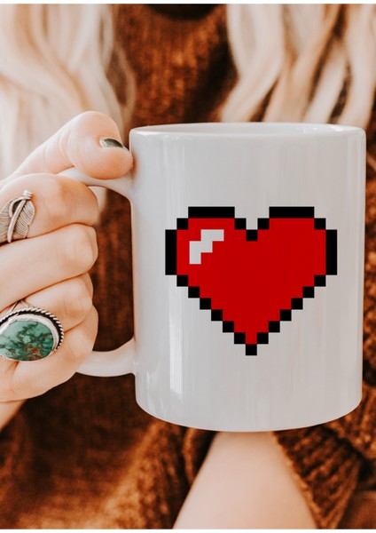 Pixel Kırmızı Kalpli Kupa Bardak, Hediyelik