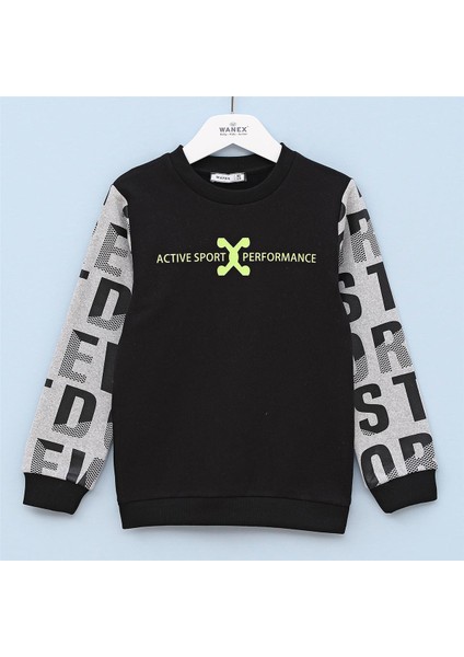 Erkek Çocuk Şardonlu Uzun Kol Kalın Bisiklet Yaka Tişört - 15059 - Siyah