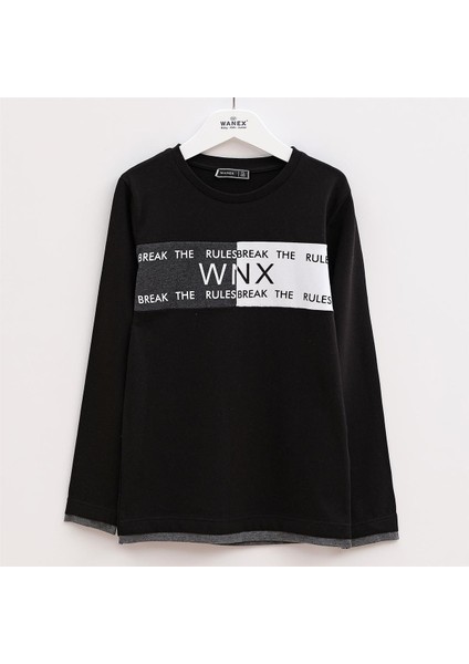 Erkek Çocuk Şardonsuz Uzun Kol Ince Bisiklet Yaka Tişört - 15542 - Siyah