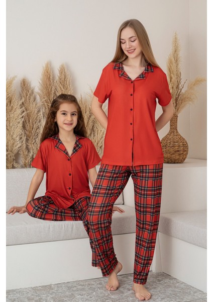 Anne Kız Kombin Kısa Kollu Ekoseli Gömlek Pijama Takımı (Anne Kız Ayrı Satılır)