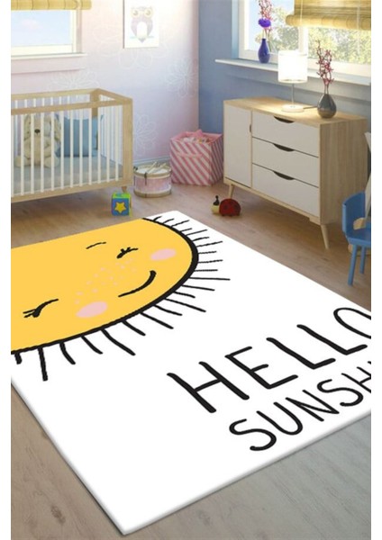 Hello Sun Baskılı Kaymaz Tabanlı Makinede Yıkanabilir Çocuk Halısı