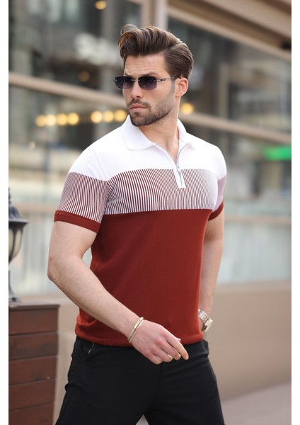 Kiremit Renk Bloklu Polo Yaka Triko Erkek T-Shirt E7409