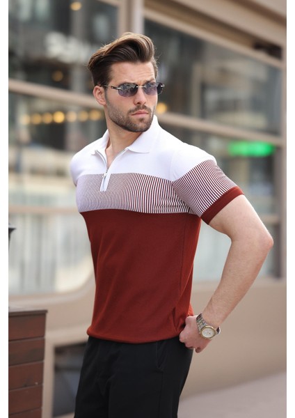 Kiremit Renk Bloklu Polo Yaka Triko Erkek T-Shirt E7409