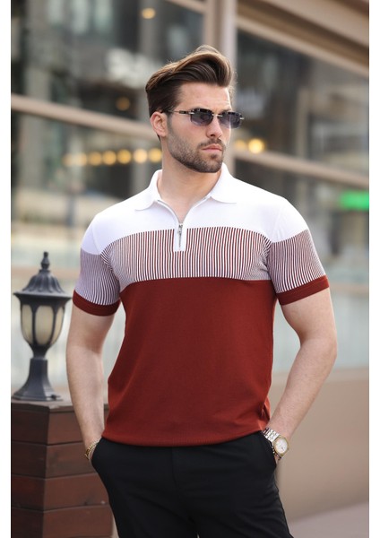 Kiremit Renk Bloklu Polo Yaka Triko Erkek T-Shirt E7409