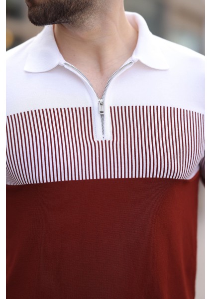 Kiremit Renk Bloklu Polo Yaka Triko Erkek T-Shirt E7409