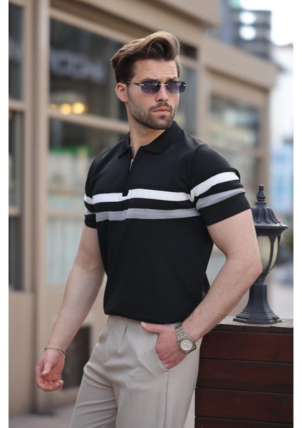 Siyah Fermuarlı Polo Yaka Triko Erkek T-Shirt E7299