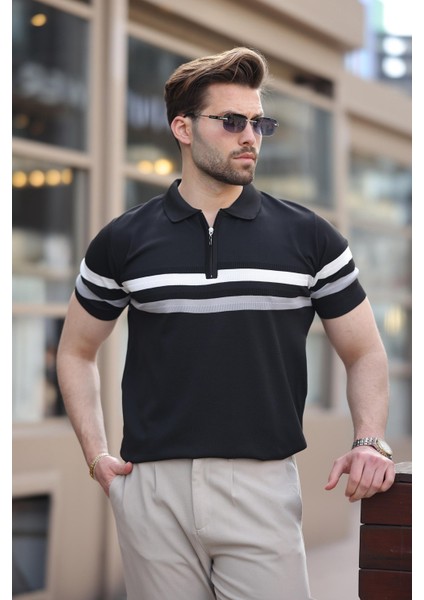 Siyah Fermuarlı Polo Yaka Triko Erkek T-Shirt E7299 fiyatları