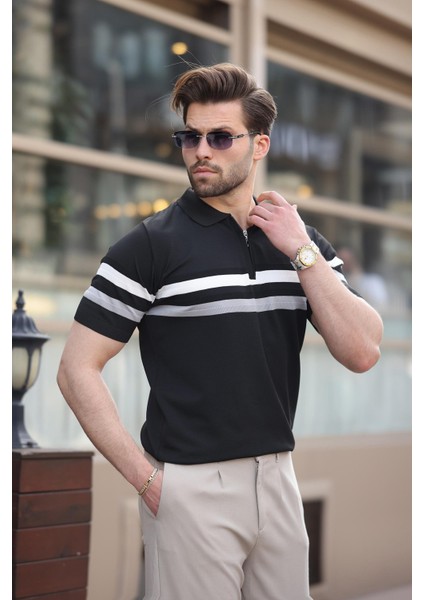 Siyah Fermuarlı Polo Yaka Triko Erkek T-Shirt E7299 modelleri