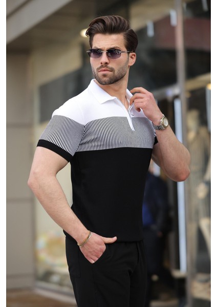 Siyah Renk Bloklu Polo Yaka Triko Erkek T-Shirt E7409 fiyatları