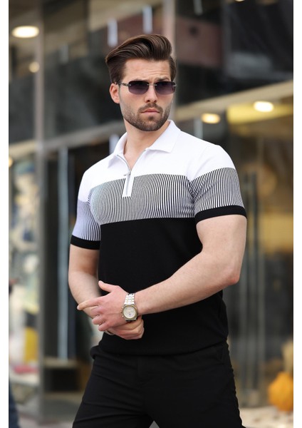 Siyah Renk Bloklu Polo Yaka Triko Erkek T-Shirt E7409 modelleri