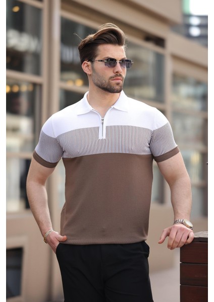 Vizon Renk Bloklu Polo Yaka Triko Erkek T-Shirt E7409