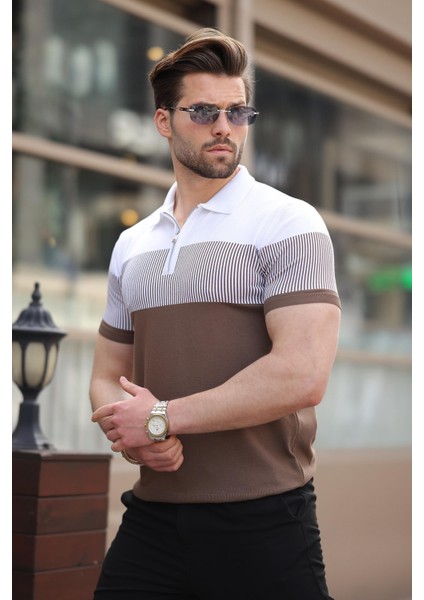 Vizon Renk Bloklu Polo Yaka Triko Erkek T-Shirt E7409 modelleri