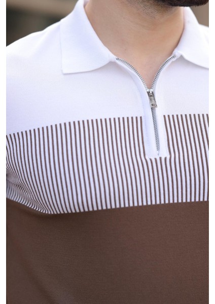 Vizon Renk Bloklu Polo Yaka Triko Erkek T-Shirt E7409 fırsatları
