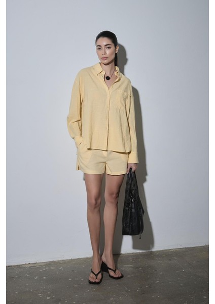 Sarı Serin Oversize Keten Gömlek