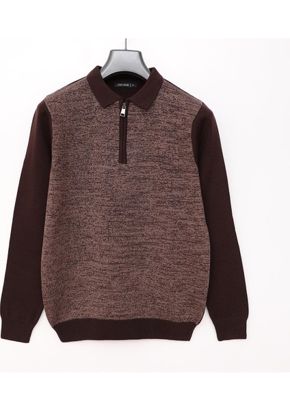 Erkek Şardonsuz Uzun Kol Ince Fermuarlı Polo Yaka Sweatshirt - 180817 - Kahverengi - Sütlü Kahve