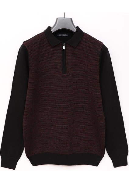 Erkek Şardonsuz Uzun Kol Ince Fermuarlı Polo Yaka Sweatshirt - 180817 - Siyah - Koyu Bordo