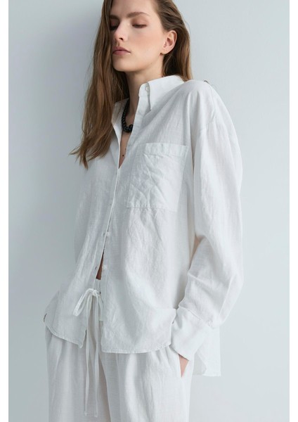 Beyaz Serin Oversize Keten Gömlek