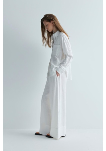 Beyaz Serin Oversize Keten Gömlek