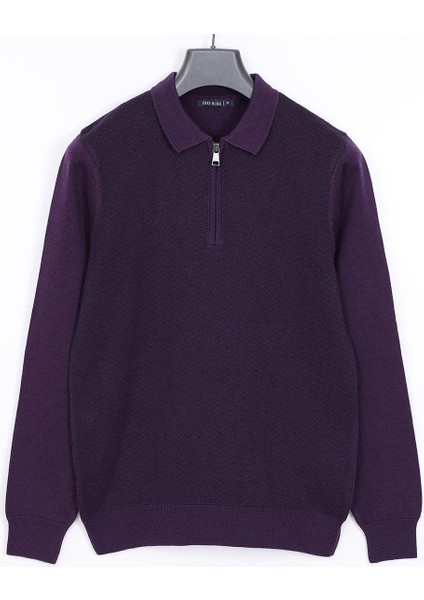 Erkek Şardonsuz Uzun Kol Ince Polo Yaka Sweatshirt - 180813 - Mürdüm