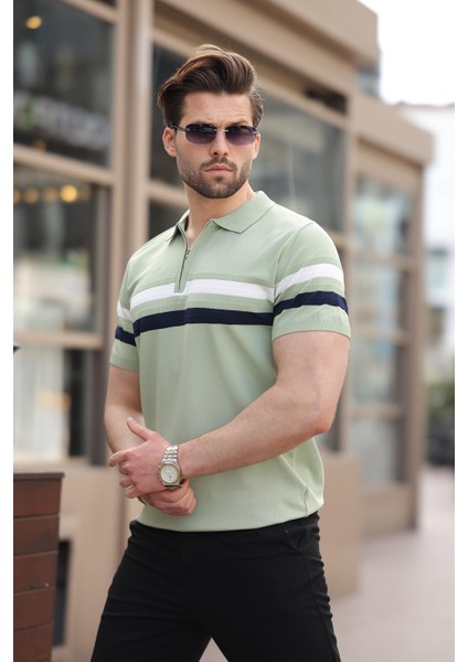 Çağla Yeşili Fermuarlı Polo Yaka Triko Erkek T-Shirt E7299