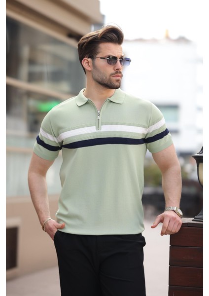 Çağla Yeşili Fermuarlı Polo Yaka Triko Erkek T-Shirt E7299 modelleri