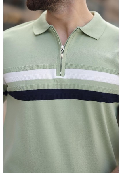 Çağla Yeşili Fermuarlı Polo Yaka Triko Erkek T-Shirt E7299 fırsatları
