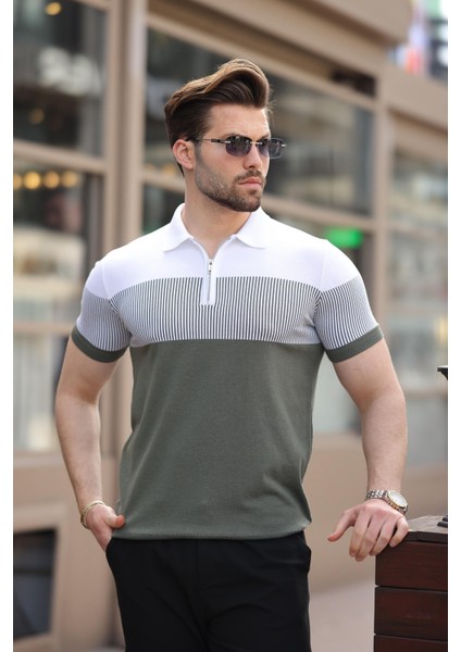 Haki Renk Bloklu Polo Yaka Triko Erkek T-Shirt E7409