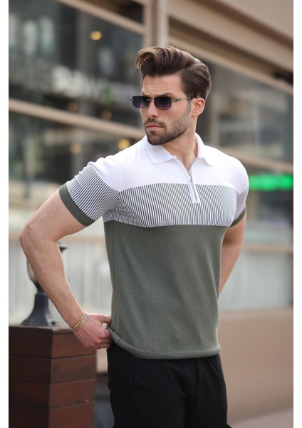 Haki Renk Bloklu Polo Yaka Triko Erkek T-Shirt E7409 fiyatları