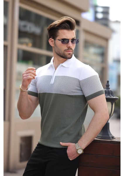 Haki Renk Bloklu Polo Yaka Triko Erkek T-Shirt E7409 modelleri