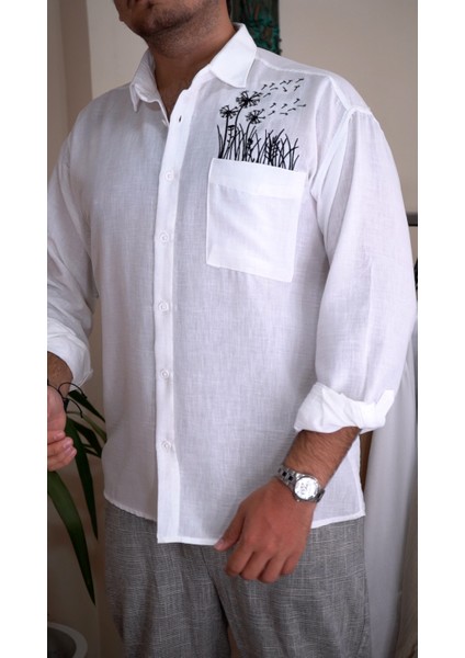 Nakışlı Pamuk Keten Oversize Beyazrenk Gömlek